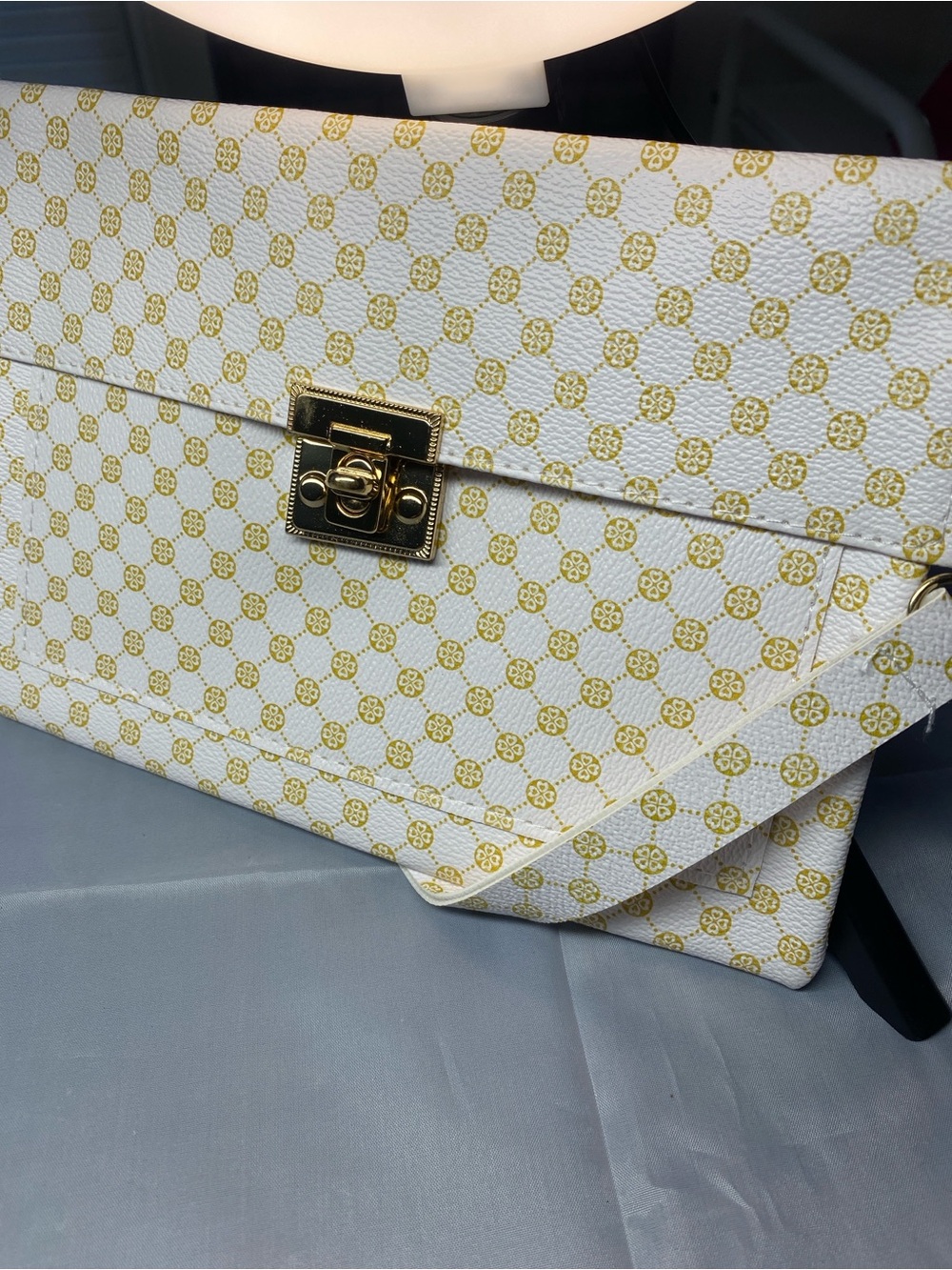 White & Gold Patterned Envelope Clutch with Gold Turn-Lock
